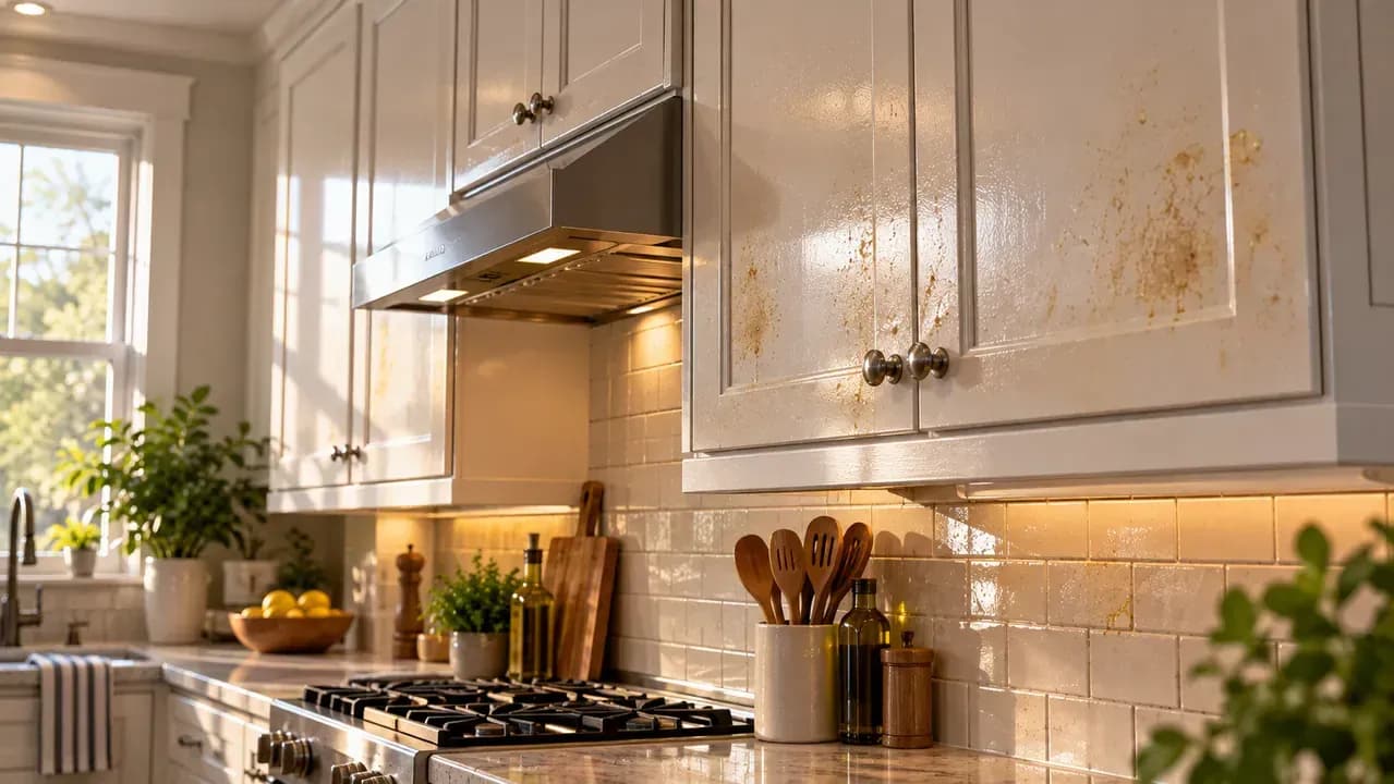 Side-lit painted upper kitchen cabinets near a stove viewed from different angles to reveal dull or greasy patches in reflected under-cabinet light.