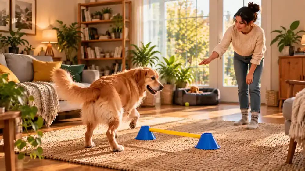 Owner standing beside a simple floor obstacle, stepping slightly backward to give a familiar cue, rewarding the dog's partial attempt, and moving closer again to provide assistance.