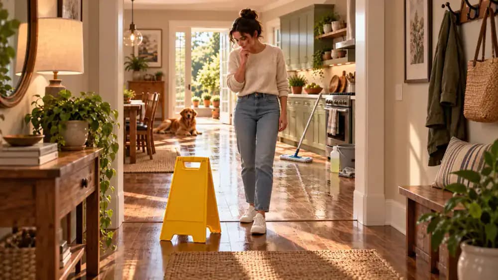 Used microfiber mop pads with faint gray grease marks being sorted in a residential laundry area, followed by a close-up of a sewn washing care label, measured detergent at a washing machine, and clean microfiber pads laid flat on a drying rack.