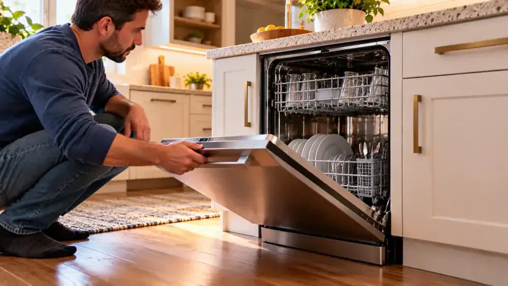 Side view of a person cautiously opening a dishwasher after its completed maintenance cycle, allowing faint steam to escape, then removing a cooled descaler container from the lower rack and checking its disposal and rinse instructions.