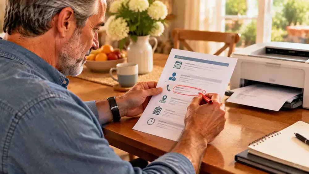 Patient checking a fictional one-page specialist appointment summary beside a desktop printer, reviewing sections for appointment details, care team contacts, current medication list, and recent timeline before placing it at the front of a document sleeve.