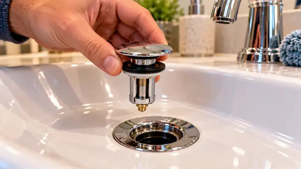 Close-up of a homeowner wearing protective gloves carefully aligning and lowering a clean chrome pop-up sink stopper into a white porcelain bathroom sink drain, with its intact rubber seal and stem visible before installation.
