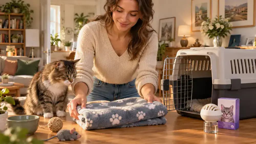 Owner placing a familiar sleeping blanket in a carrier beside a labeled feline pheromone product