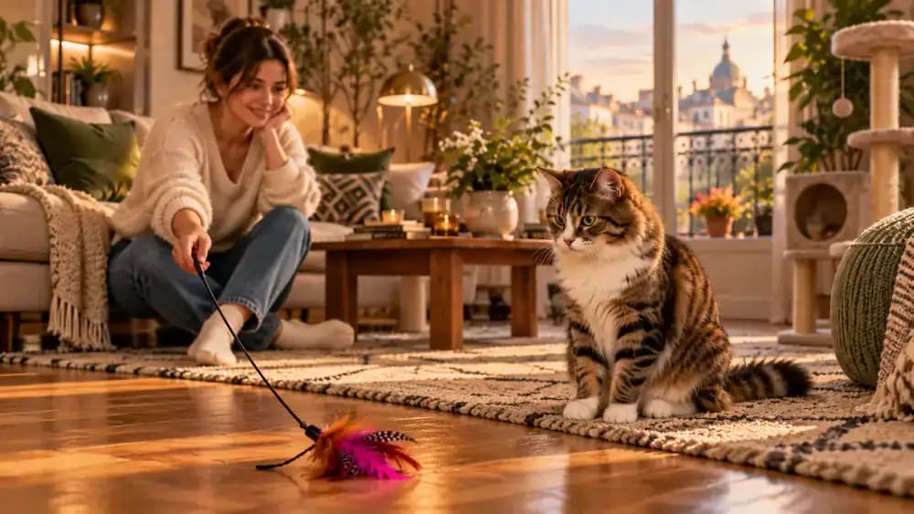 Cat calmly watching a toy without being pressured to chase