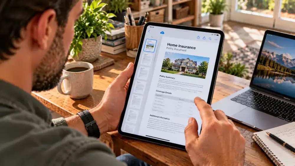 An adult scrolls through a four-page insurance policy PDF in the Files by Google app on an Android phone, checking that the document opens and its pages are accessible.
