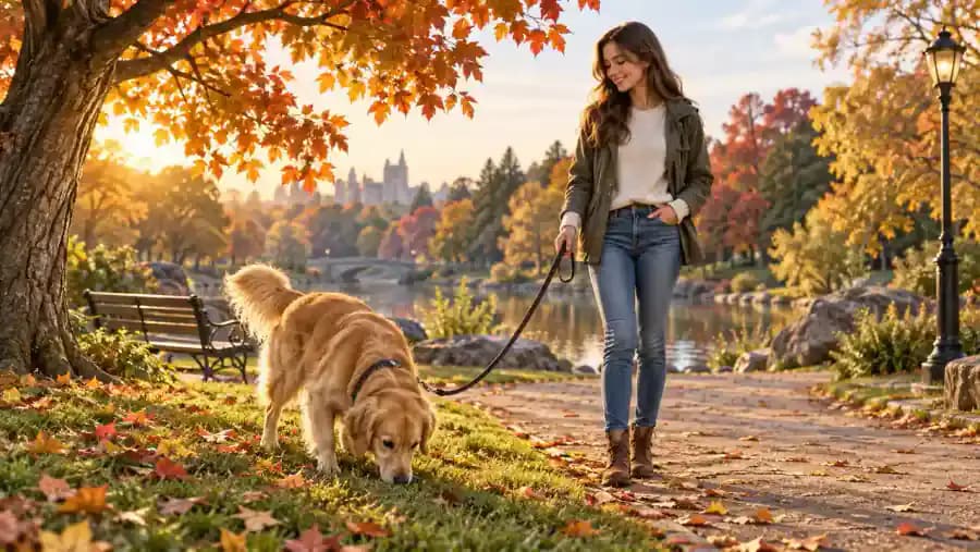 Bailey explores grass beside a tree in a peaceful neighborhood park while Emma holds a loose leash. A quiet residential walking path and colorful autumn trees surround them.