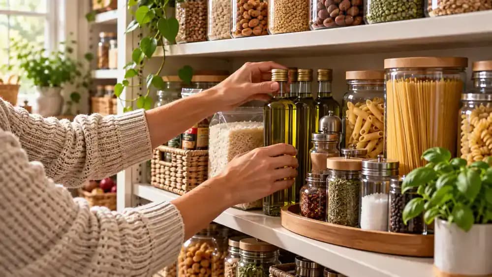 High-angle view inside a modern kitchen pantry showing an upright olive oil bottle, sealed rice container, supported pasta package, and three front-facing seasoning containers neatly arranged on the right side of a dry middle shelf, with baking supplies and snacks beside them and heavier canned good