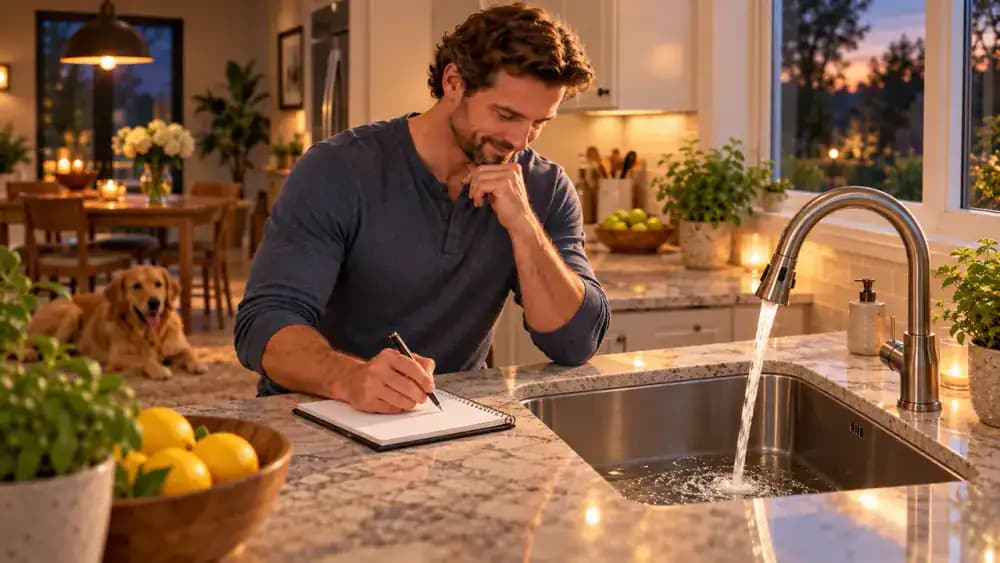Homeowner placing a printed garbage disposal maintenance card on the refrigerator beside an empty kitchen sink, showing reminders to trash food scraps, use a short cool-water flush, and clean the splash guard regularly.