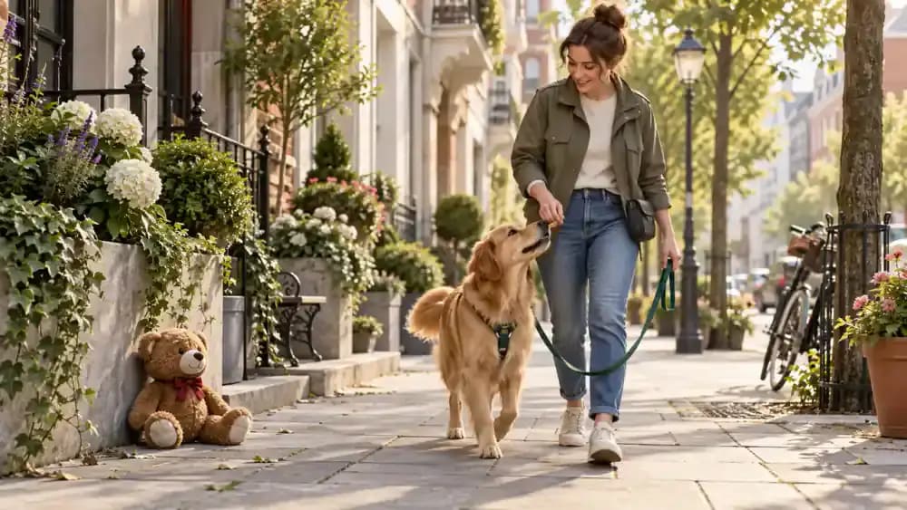 Dog walking calmly beside its owner on a sidewalk, passing a plush toy placed near the walking path without stopping or reaching for it.