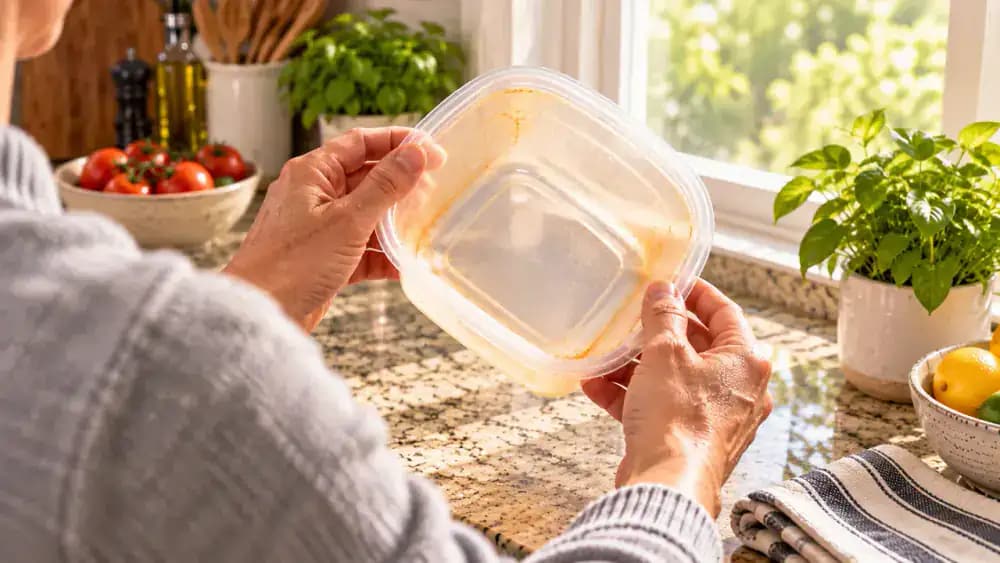 Hand lifting and rotating a transparent plastic food container with orange tomato stains near a sheer-curtained kitchen window, with a digital clock showing hourly inspections and the lid and silicone gasket drying separately on towels.
