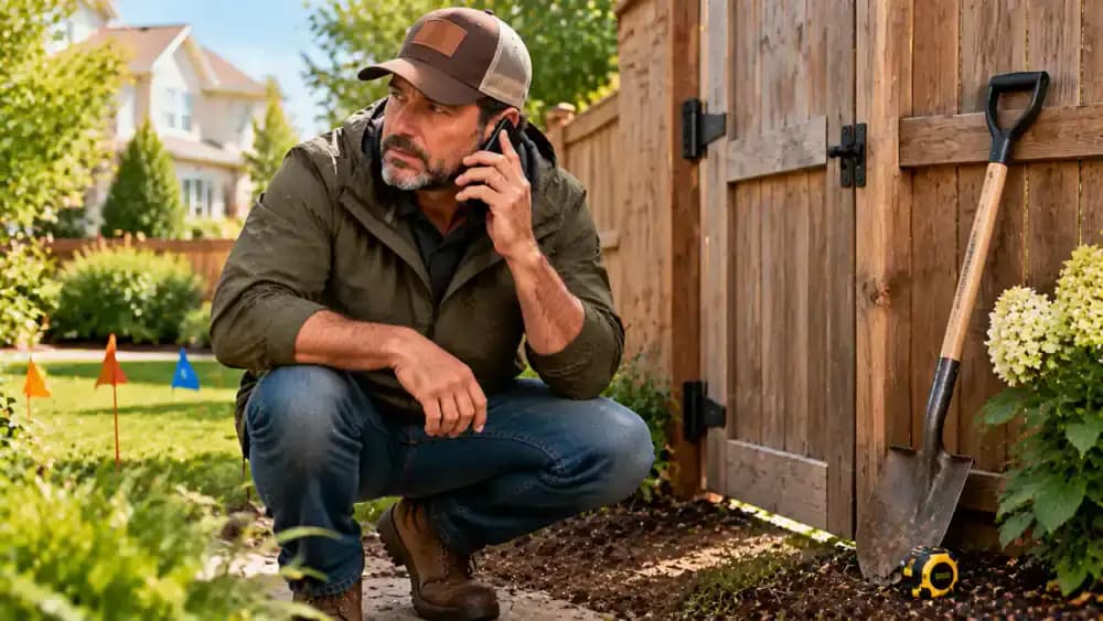 Homeowner standing on a dry paved surface beside a suburban garden gate, speaking on a smartphone with a utility locating service while holding a yard plan on a clipboard, with an unused shovel and rolled measuring tape resting against the fence.