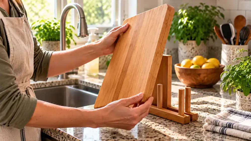 Hand inspecting both sides and edges of a dry cutting board under a small light beside vertical board storage and a weekly maintenance checklist.
