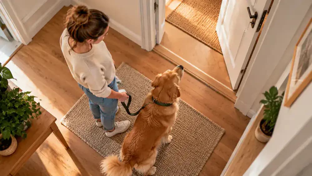 A close view of a dog at an interior doorway, first appearing relaxed and then turning its head away as the owner approaches before the owner steps back to provide more space.