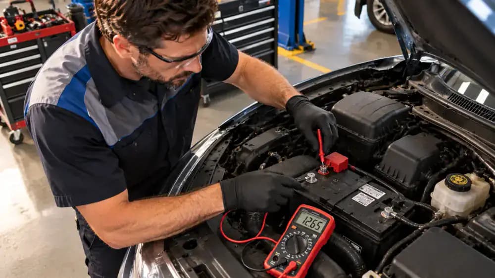 Automotive technician using a professional digital multimeter to measure the resting voltage of a conventional 12-volt battery in a workshop.