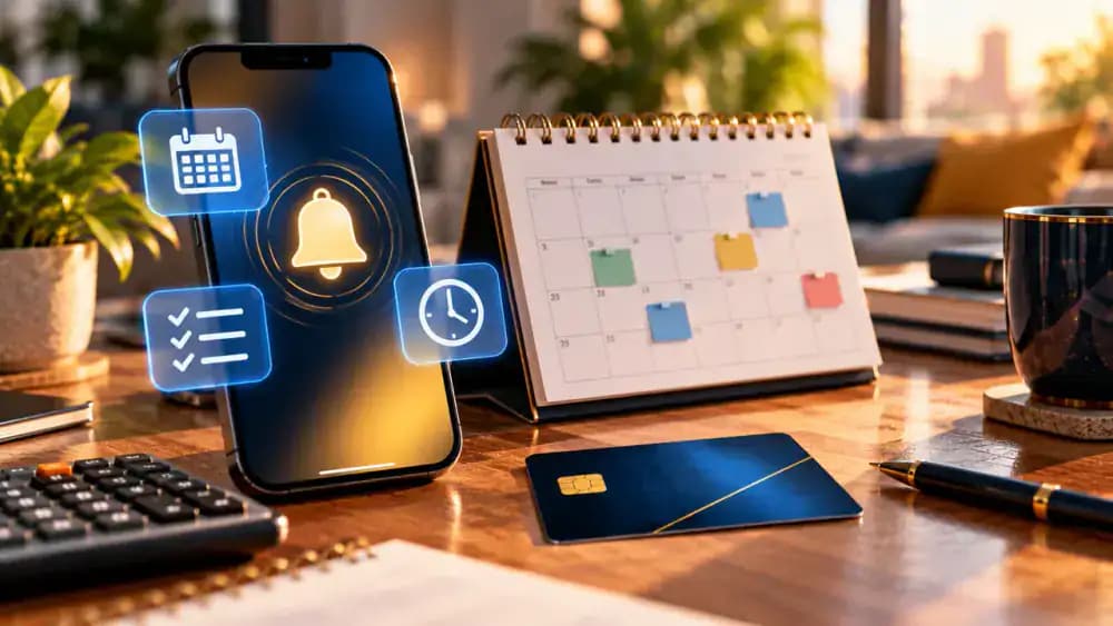 Smartphone reminders beside a calendar and credit card representing reliable payment management.