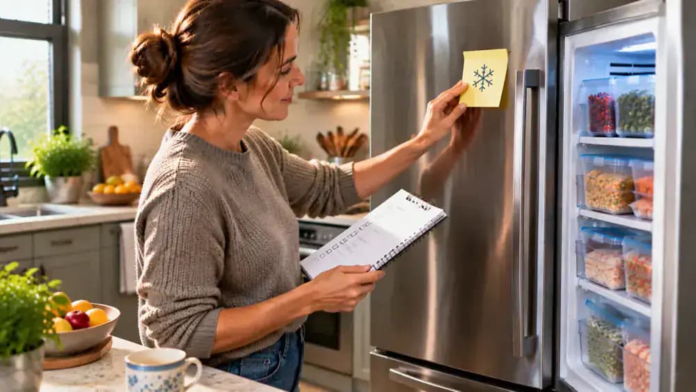 Homeowner placing a maintenance reminder note on a freezer door beside a simple cleaning schedule