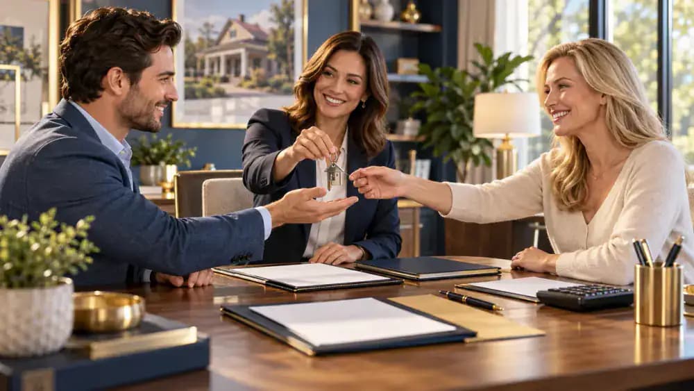 Buyer and seller exchanging house keys through a real estate professional at a residential closing table.