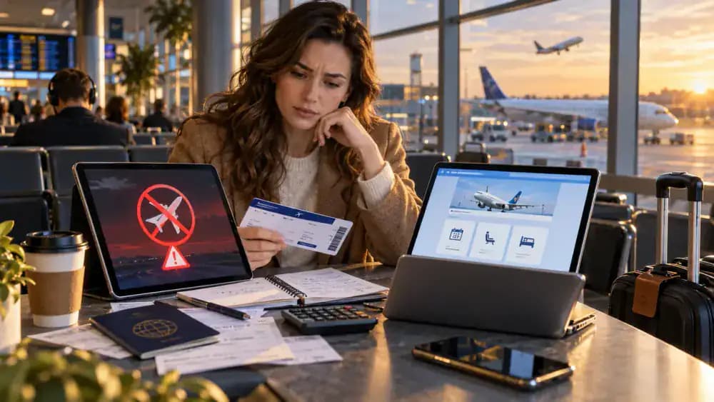 Canceled flight notice with traveler reviewing booking options
