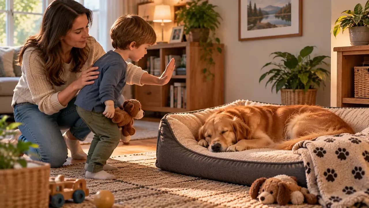 Adult redirecting a child away from a sleeping dog in its resting area