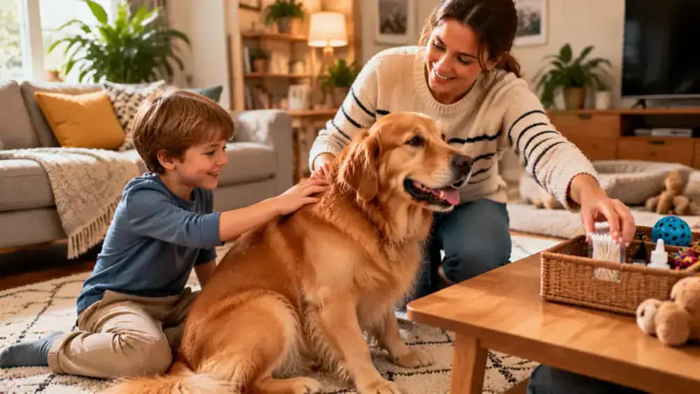 Parent supervising a child gently stroking the back of a seated family dog while keeping cotton swabs and small toys safely out of reach.