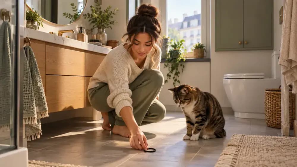 Bathroom with closed medicine storage, toilet lid down, and owner picking up a hair tie near a curious cat