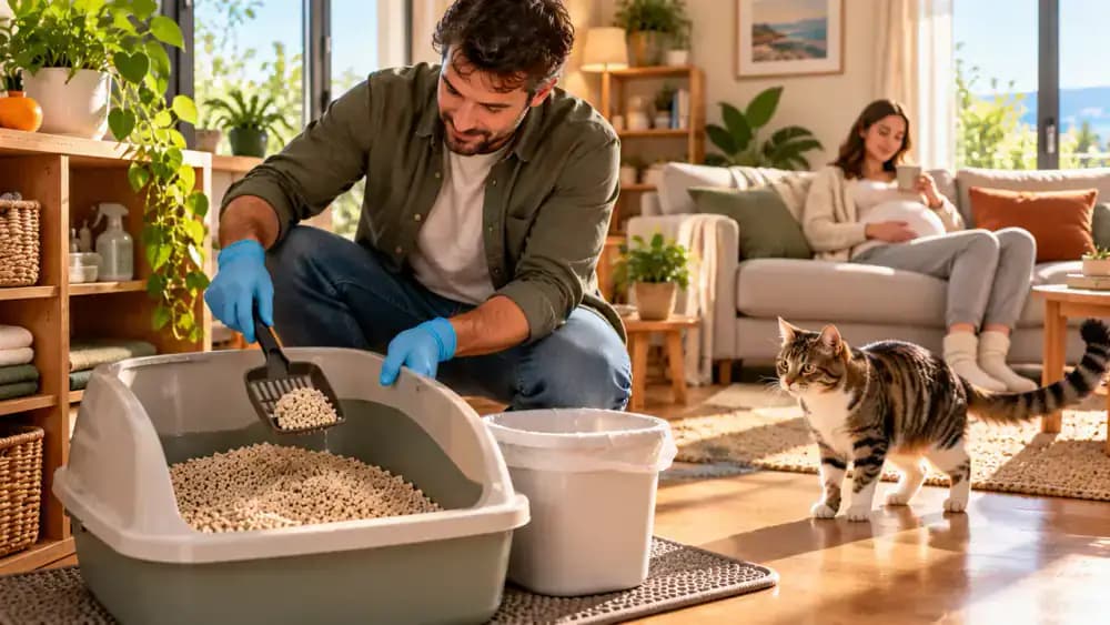 Educational illustration of the Toxoplasma parasite alongside a household member taking over litter box cleaning for a pregnant partner, wearing disposable gloves, discarding them safely, and washing hands afterward.
