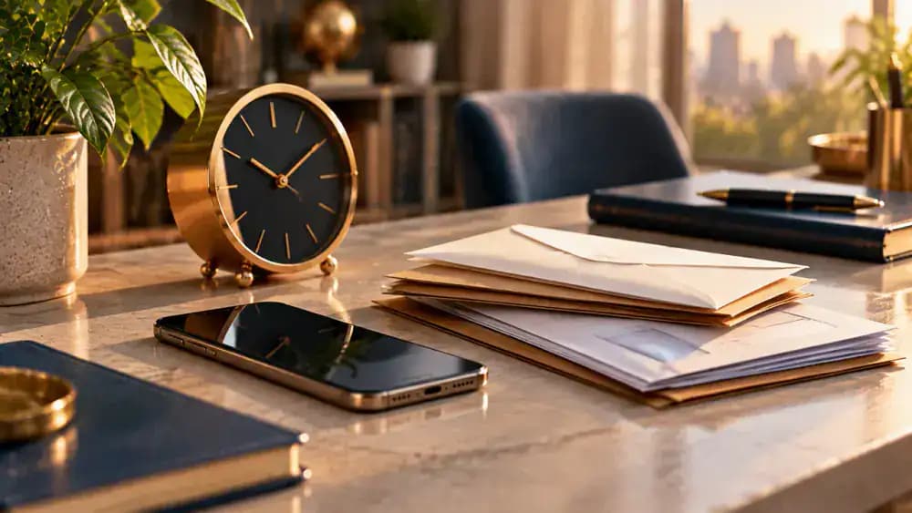 A silent smartphone beside unopened collection letters and a small tabletop clock.
