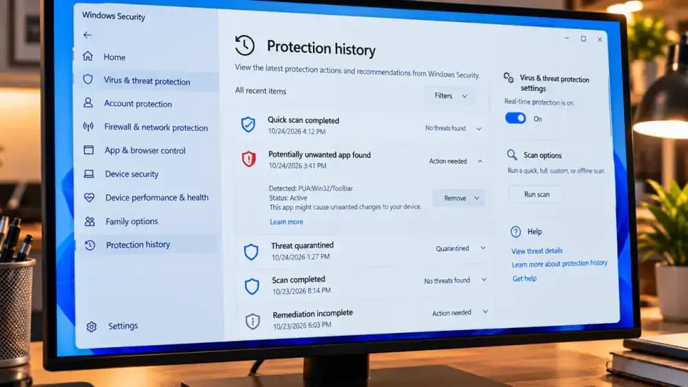 Windows 11 Windows Security application displaying completed Microsoft Defender Quick scan results, Protection history entries, recommended security actions, and enabled real-time protection.