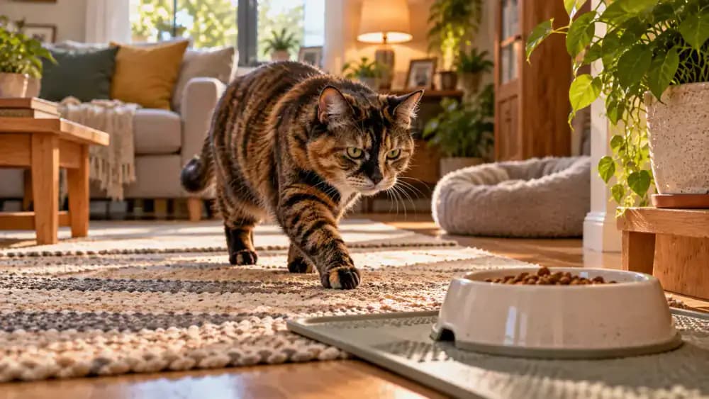 Senior tortoiseshell cat approaching a shallow floor-level feeding dish across a non-slip rug while a younger cream-colored cat approaches a separate sheltered nook with a wide opening.