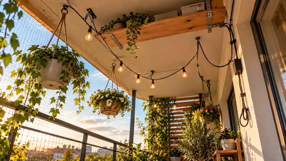 Upward view of a decorated apartment balcony showing hanging flower baskets, string lights, and an overhead shelf, with a qualified technician inspecting mounting hardware while the owner removes unnecessary decorations.