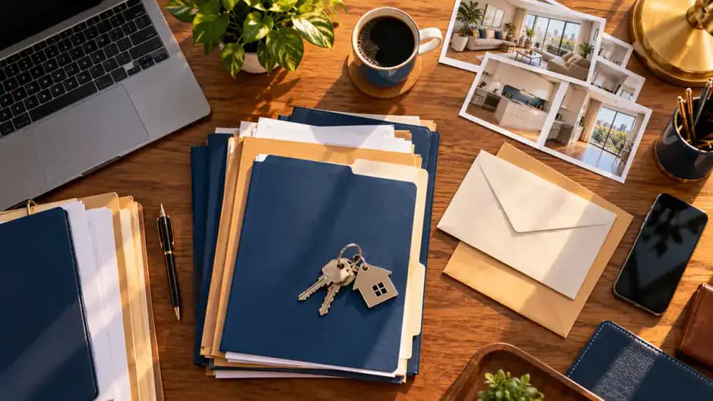Organized folders, apartment keys, a smartphone, and plain envelopes arranged on a desk for rental recordkeeping.
