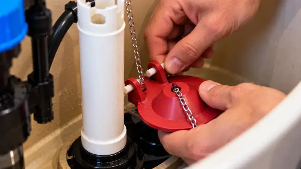 Close-up inside a drained white toilet tank showing a homeowner attaching the rubber mounting ears of a new black toilet flapper to the pegs beside the overflow tube, then lowering the flapper onto the circular flush valve seat.