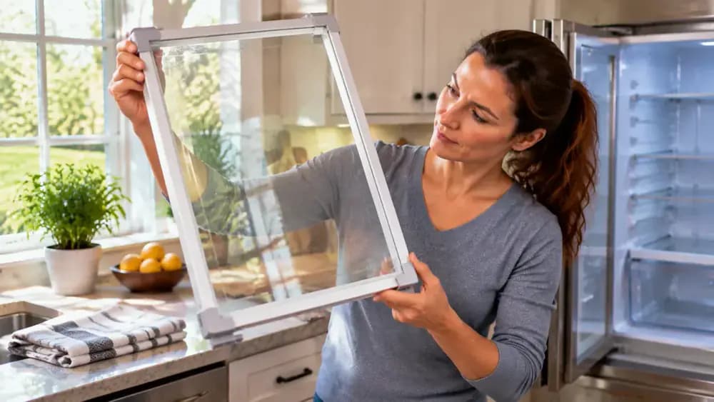 Person inspecting a clean refrigerator glass shelf vertically near a kitchen window while checking for streaks and using a cloth for final touch-ups.