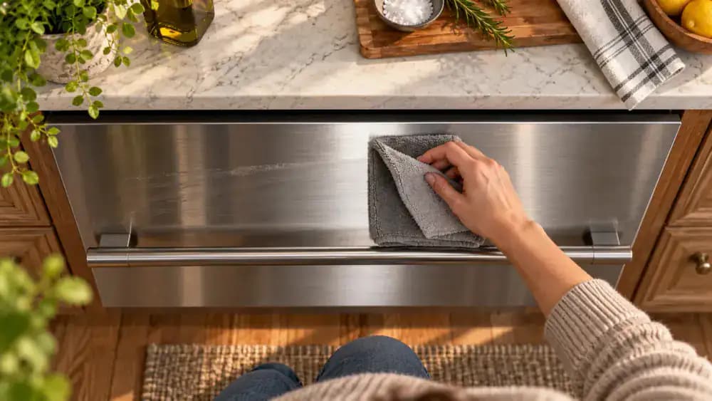 Close-up of a hand buffing a stainless steel under-counter ice maker with one continuous vertical microfiber cloth stroke following the grain.