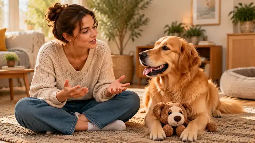 Owner sitting beside a golden retriever in a quiet room and calmly naming a familiar toy with relaxed body language.