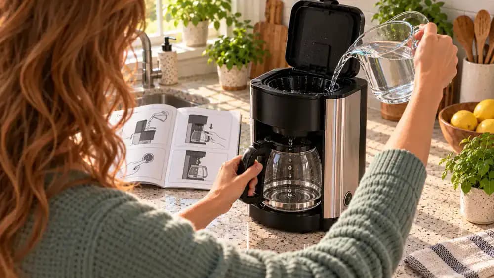 High three-quarter rear view of a coffee maker as rinse water is emptied into a sink, instructions are checked, the reservoir is refilled with clean water, and another rinse cycle is started.