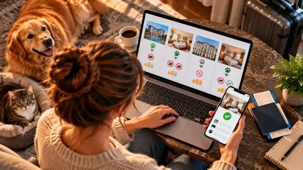 Traveler comparing pet policies on a hotel booking website, highlighting species restrictions, weight limits, additional fees, and permitted facilities while reviewing written confirmation from hotel reception on a smartphone.