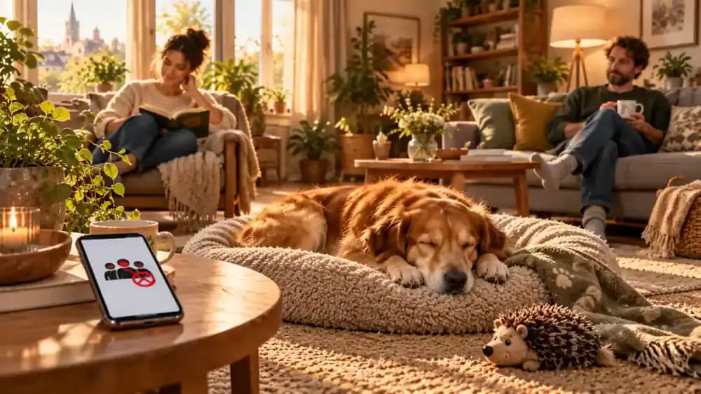 Newly adopted dog resting peacefully in a quiet living room