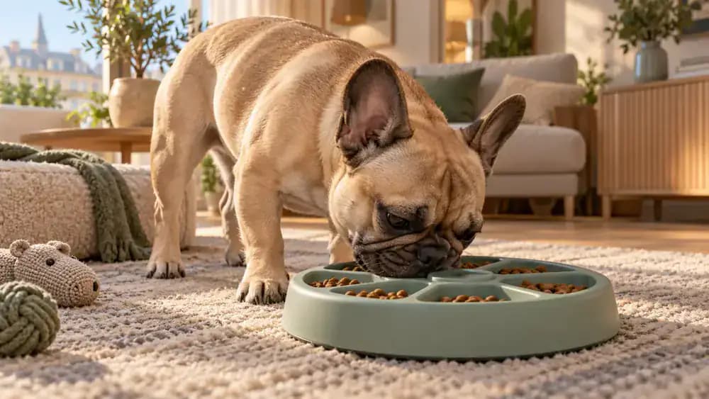 French bulldog using a wide shallow puzzle tray