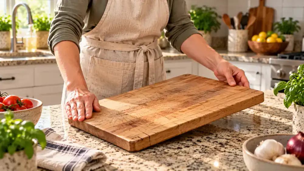 Dry cutting board on a kitchen prep island being checked for warping, deep cuts, cracks, and residue before use, with a damaged board placed in a replacement bin.