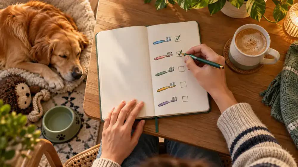 Open weekly notebook showing dental care checkmarks while a relaxed dog rests near the desk