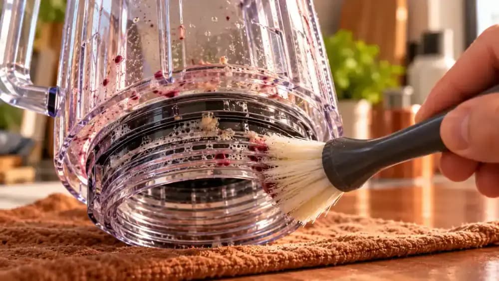 Macro close-up of an adult using a long-handled soft-bristle brush to remove dried smoothie residue from the exposed lower threads of an upside-down transparent blender jar secured in a padded support on a copper-colored countertop.