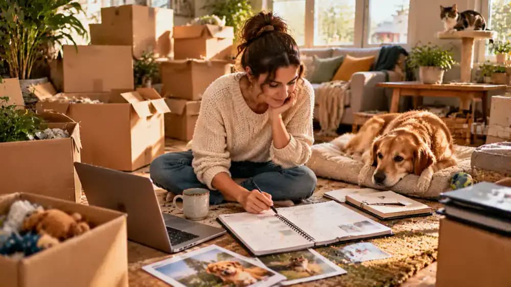 Pet owner reviews a wall calendar showing a possible move, work commitments, and a family event beside a written backup care plan, while a dog rests near packed storage boxes.