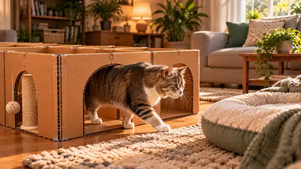 Older cat entering a spacious cardboard maze through a wide, low-threshold doorway and settling onto a familiar resting cushion, with a narrow entrance shown for comparison.