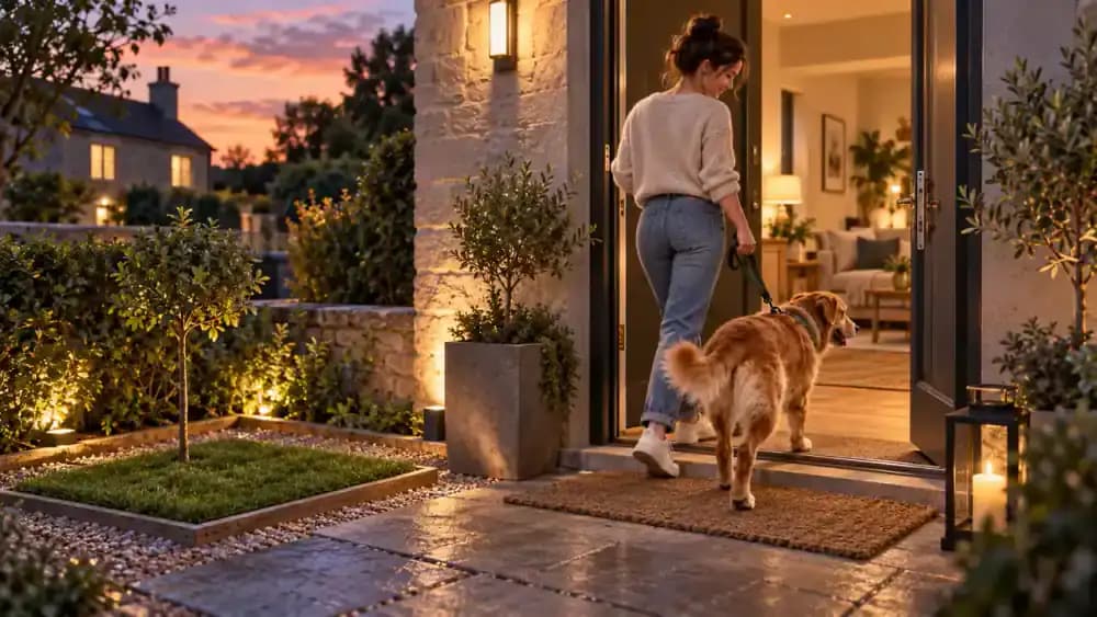Adopted dog visiting a toilet area before calmly entering the home on leash
