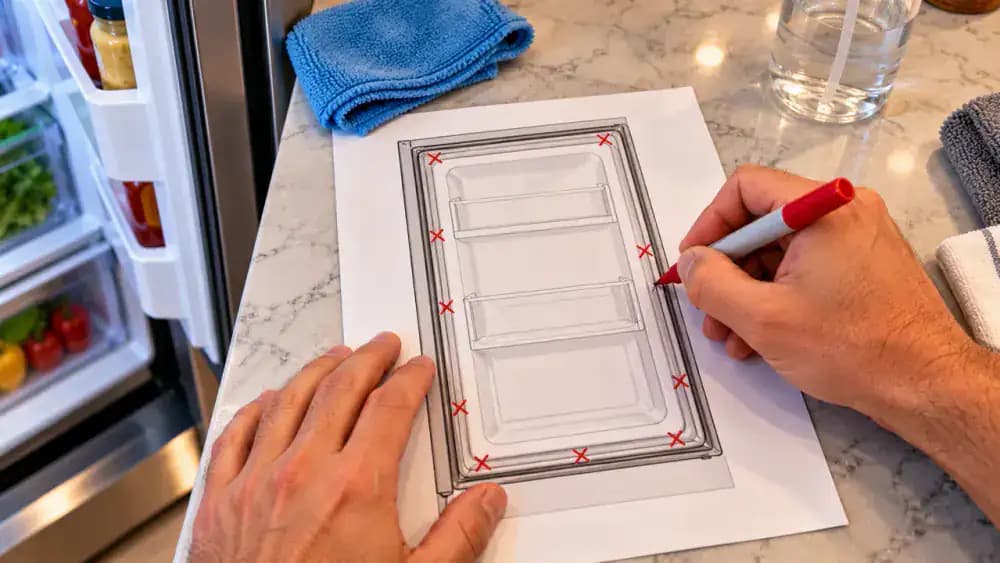 Overhead view of a US dollar bill, pencil, and notepad with a hand-drawn refrigerator door outline marking inspection points, alongside a close-up of a slightly flattened rubber door gasket.