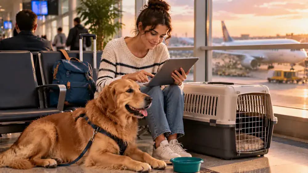 An owner waits with a calm dog and travel carrier in an airport departure lounge while reviewing official destination requirements and a veterinary travel checklist on a tablet.