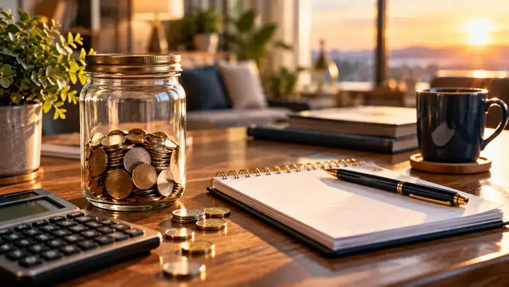 Glass savings jar filling with coins beside a household budgeting notebook.