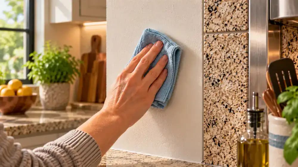 Close-up of hands cleaning narrow metal trim and a tight seam beside a painted backsplash with a microfiber cloth, soft detailing brush, and dry cloth catching loosened grease.