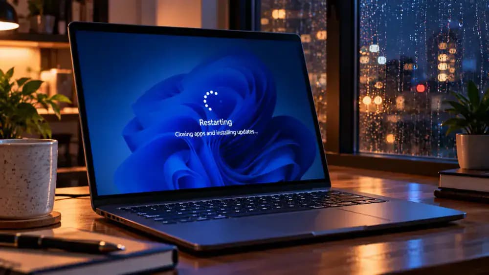 Windows 11 laptop on a wooden desk showing the Start menu Power options with Restart selected, followed by the Windows restarting screen and normal sign-in screen.